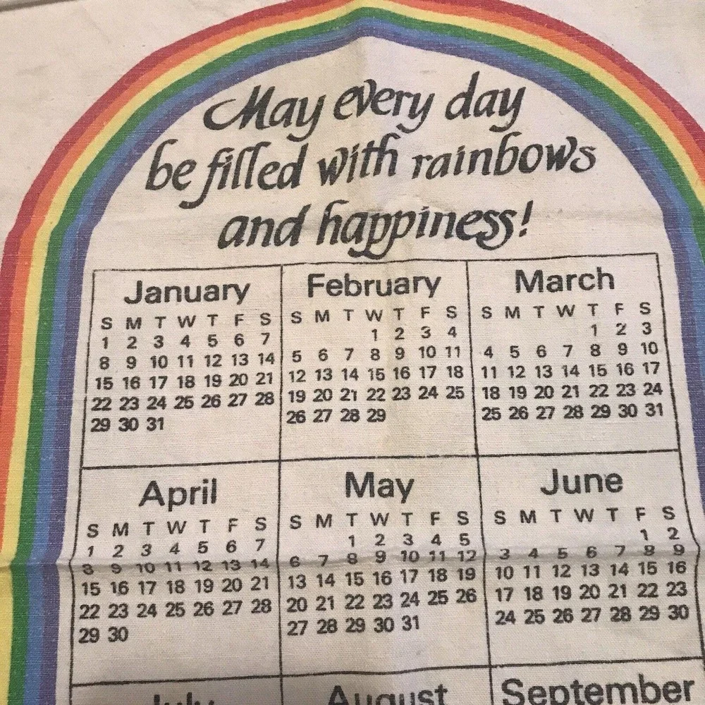 1984 Kitchen Calendar Tea Towel Rainbow Floral Wall Hanging Granny Core MCM